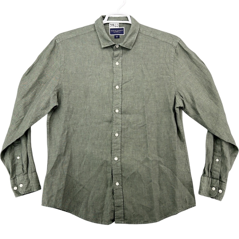 Charles Tyrwhitt Shirt Mens L Slim Fit Green 100% Linen Long Sleeve Button Up